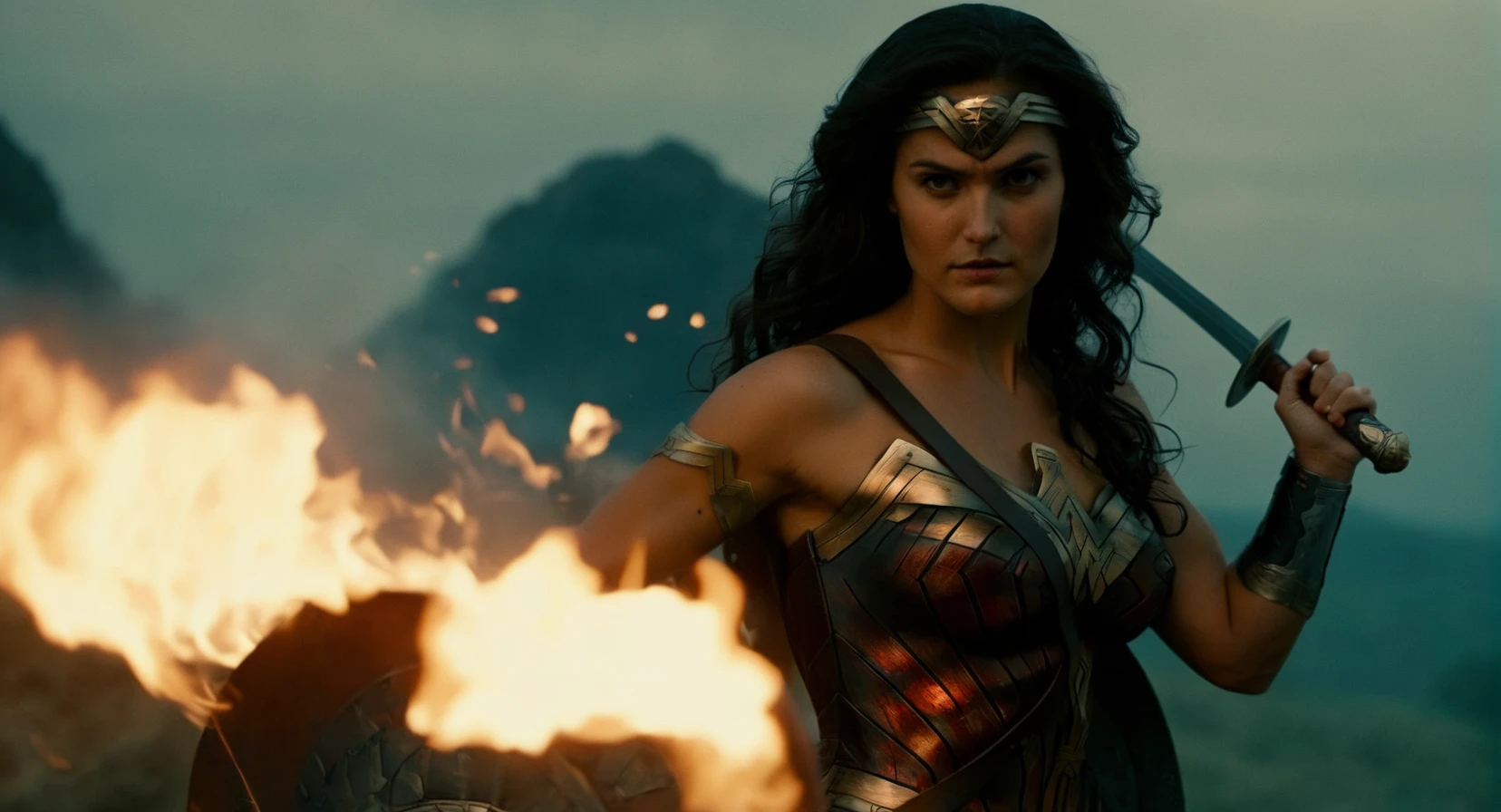 cinematic film still of Cinematic Film stock footage in (arri alexa style) Kodak film print, <lora:Wonder Woman:1> Wonder Woman a woman with a sword and a fire and blood on her chest and body, shallow depth of field, vignette, highly detailed, high budget, bokeh, cinemascope, moody, epic, gorgeous, film grain, grainy