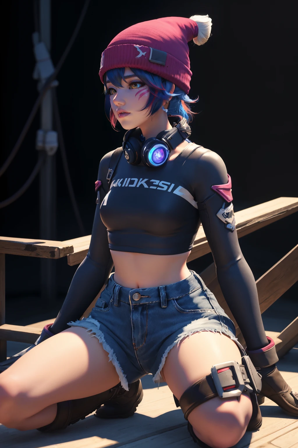 3D, CGI, render, realistic, realism, photorealism, photo-realistic, high contrast, (photorealistic:1.4), 8k high definition detailed realistic, (best quality, masterpiece:1.2), NSFW, photon mapping, radiosity, physically-based rendering, best quality, highly detailed, kirikokpop, 1girl, looking at viewer, kpop concert stage background:1.2, <lora:KirikoKpop-000010:.7> (wearing a red beanie,headphones around neck, facemarks, full bodyshot, purple hair, long sleeved white croptop , denim shorts and black boots), <lora:GoodHands-vanilla:0.8>