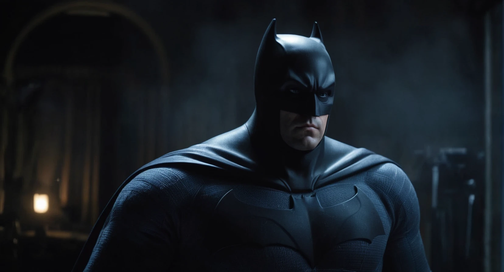 concept art of  Cinematic Film stock footage in (arri alexa style) Kodak film print,   <lora:batman:1> batman a man in a dark blue batman costume is seen in a dark room, digital artwork, illustrative, painterly, matte painting, highly detailed