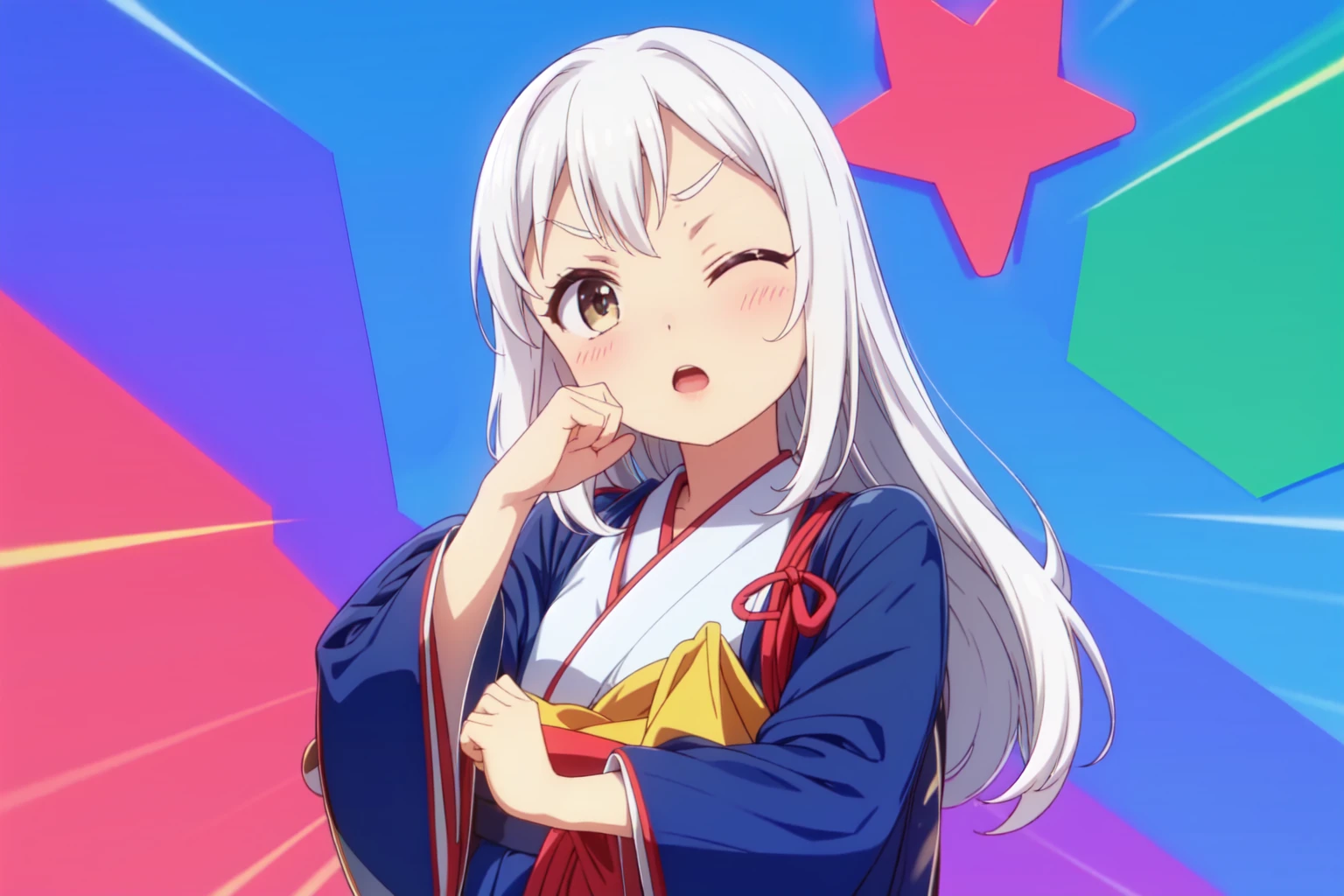 one eye closed, solo, bangs, looking at viewer, upper body, open mouth, hand on chin, white hair, long hair, hair style, (simple colored hakama:1.2) <lora:dsno:1.0>