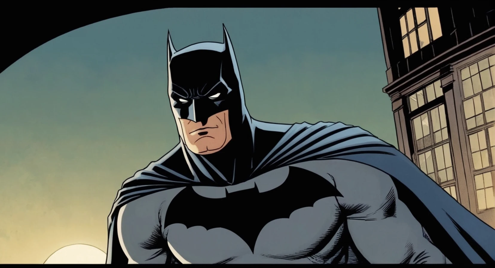 comic book art of Cinematic Film stock footage in (arri alexa style) Kodak film print, <lora:batman:1> batman a man in a batman mask looks down, comic art, graphic novel illustration