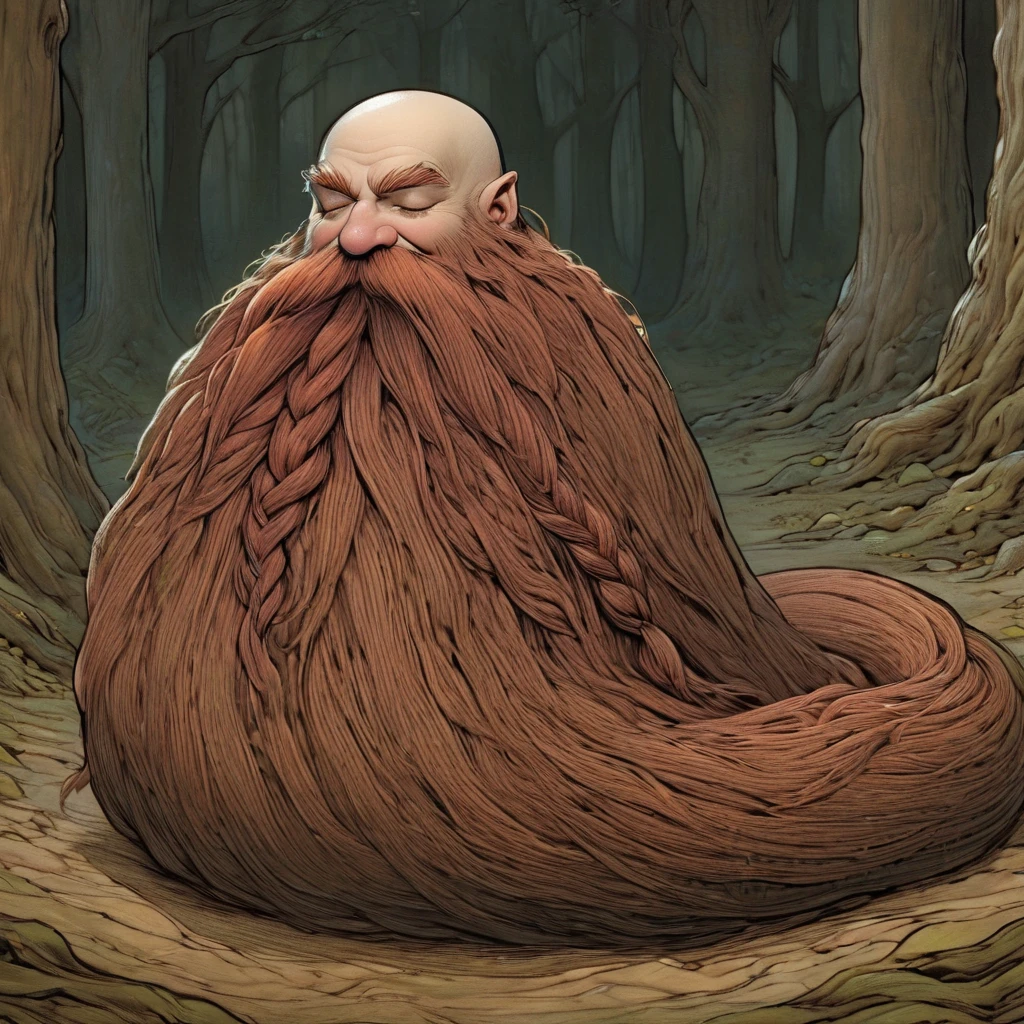 Harry_Dwarf, full body shot, front facing, gritting teeth dwarf-like character, sleeping, flowing long Rose beard, braided moustache,bald , <lora:Harry_Dwarf:1>, in a luminous forest