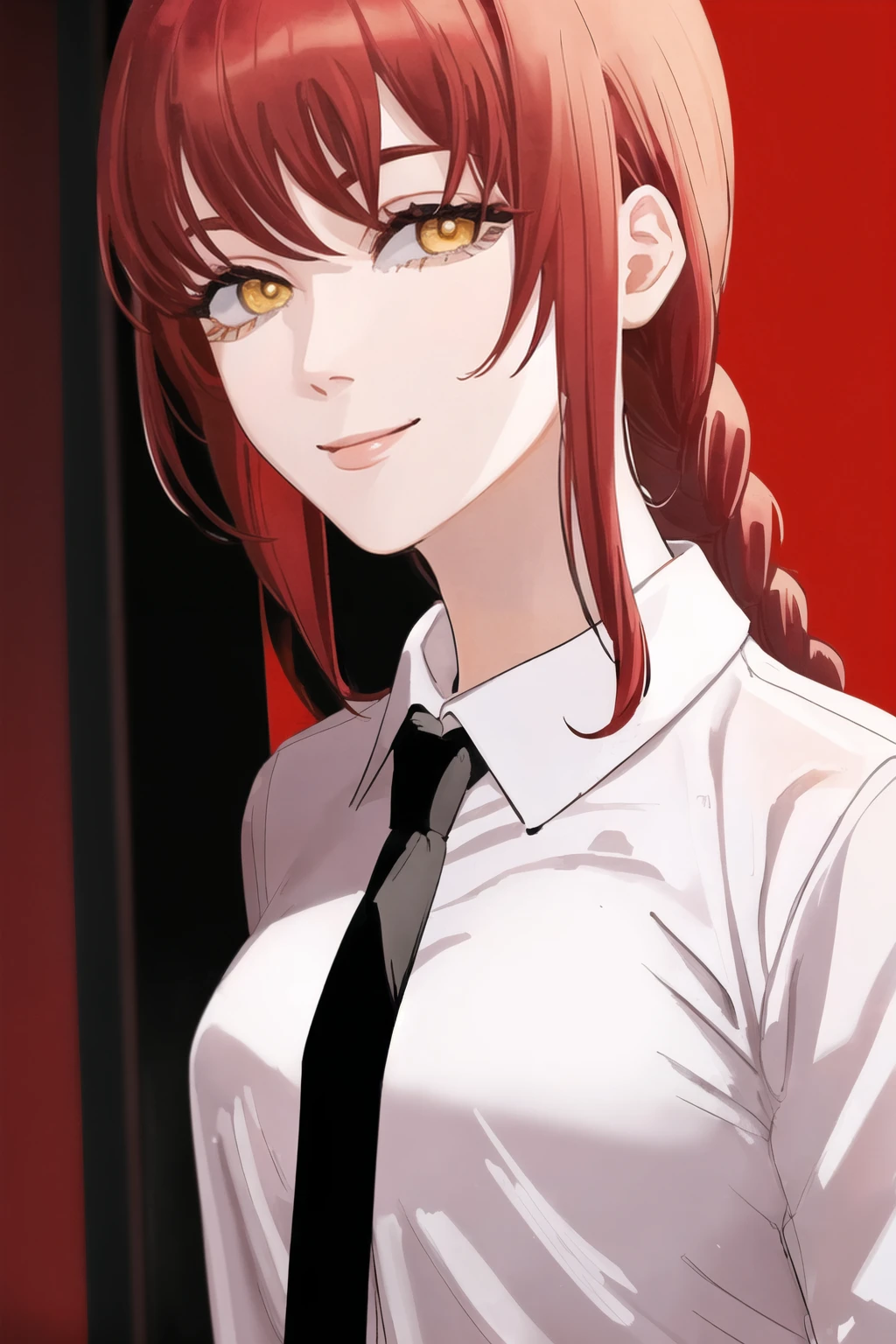 beautiful young woman, red hair, yellow eyes, black necktie, collared shirt, braided ponytail, smile, closed mouth, looking at viewer, medium shot, ringed eyes, (solo), <lora:FujimotoStyle:0.85>