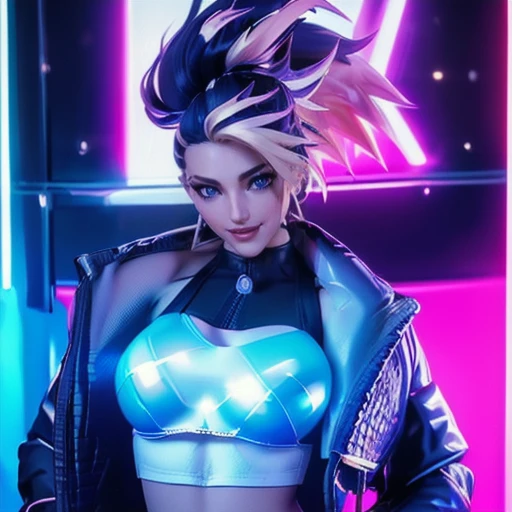 <lora:LolKDAAkali:0.9>woman, hair black,jacket, outfit, beautiful eyes, horny smile, horny expression:1.2; full body:1.2,, ((smiling sexy:1.2)), ((full body:1.1)), fitness girl, mucle, buff, medium sized breasts, white woman, , toned body, slim athletic body, smooth skin, 4k, high quality, ultra realistic, sharpen image, full body hotporn, award winning photography, portrait of a beautiful woman, Professional Photo, full body shot, (beautiful female blonde ), detailed eyes, (small perky breasts), horny expression, (detailed reflective shiny skin, diffused skin pores), portrait, (highly detailed, fine details, intricate), deep depth of field, diffused soft lighting, (reflections:0. 3), (hard lighting:0. 3), perfect nipples (small nipples),beautiful eyes, ((smiling sexy:1.2)), ((full body:1.1)), beautiful girl, high detail skin, high detail eyes, high detail hair, toned body, slim athletic body,skimpy, pretty breasts with hard small areola beautiful nipple errect hard:1.2, light triangle form shaved hairy pussy, beautiful Small labia:1.3, small areola:1.2, 5 finger, ((highres, ultra detailed:1.3)), 4k, high quality, ultra realistic, sharpen image, full body, <lora:vaporwave2:0.9>sky, night, ((jacket, top))