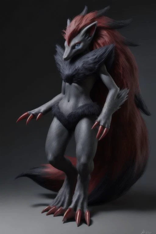 real e621, photorealistic, masterpiece, zoroark_(pokemon), looking at viewer, sharp blue eyes, full body portrait,