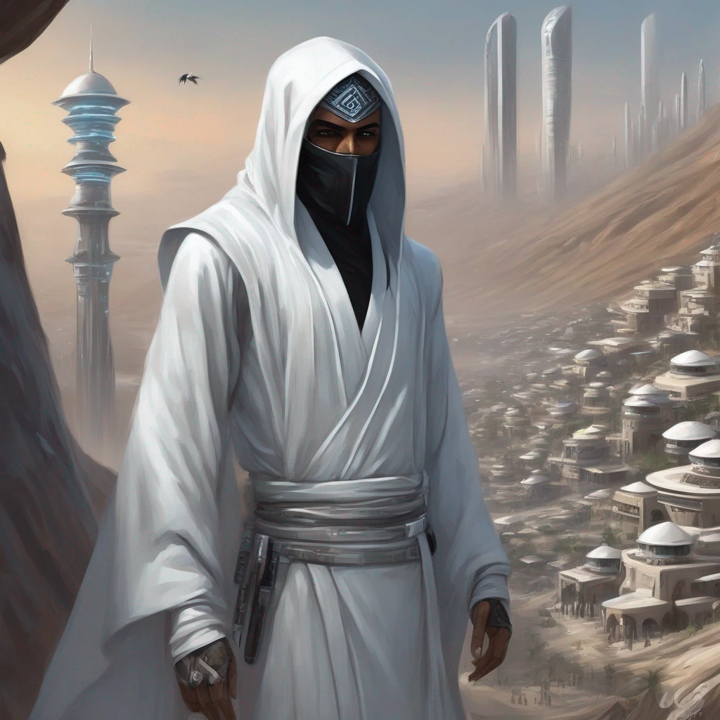 Clair-obscur, digital painting, oil painting, ((extremely detailed)), ((detailed portrait)), (isometric view), (bird's eye view), portrait of (("skyrim")) ((fremen)) sultan ninja iman sheikh man wearing (futuristic) (cyberpunk) white cyber-onesie and white saudi Gutra headdressk, passing a fremen village in futuristic mos eisley arabic egyptian moroccan style, on the desert planet of arrakis, in the style of arcane and fernanda suarez pascal blanche and Hermann Stenner and simon stalenhag and Gustavé Doré and alex grey and alphonse mucha and nekro and josan gonzalez and dishonored and bioshock and simon stalenhag and rembrandt and Roger Ballen and Yousuf Karsh and HR Giger and Dariusz Zawadzki and John Jude Palencar and David Cronenberg and Liam Wong and Zdzislaw Beksinski and Luis Buñuel and Takashi Miike and David Lynch and Luis Royo and jakub rozalski and Ilya Kuvshinov and Wlop and Artgerm, trending on artstation, featured on pixiv, dynamic lighting, hyper detailed, octane render, 8k