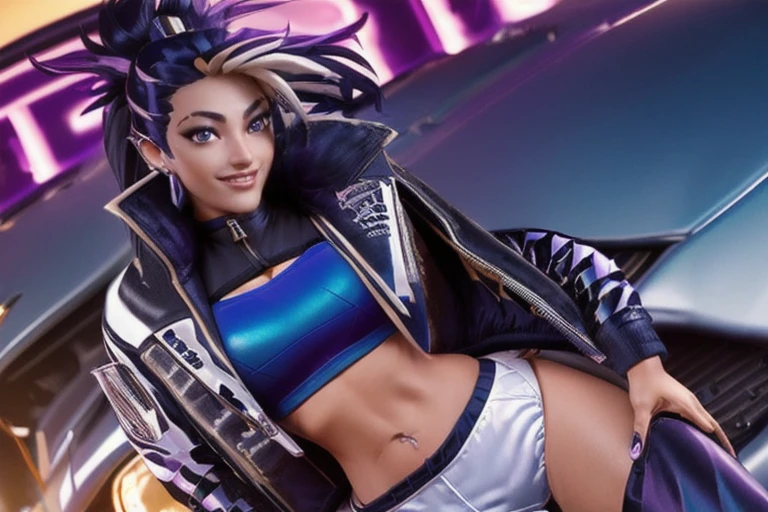 <lora:LolKDAAkali:0.8> woman, hair black,jacket, outfit, beautiful eyes, horny smile, horny expression:1.2; full body:1.2,, smiling sexy:1.2, full body:1.1, fitness girl, mucle, buff, medium sized breasts, white woman, , toned body, slim athletic body, smooth skin, 4k,,beautiful eyes, ((smiling sexy:1.2)), ((full body:1.1)), beautiful girl, high detail skin, , ((((jacket top outfit:1.2)))) (((leaning on a mustang car:1.2)) road sunset((((jacket top outfit:1.2)))) (((no nude)))