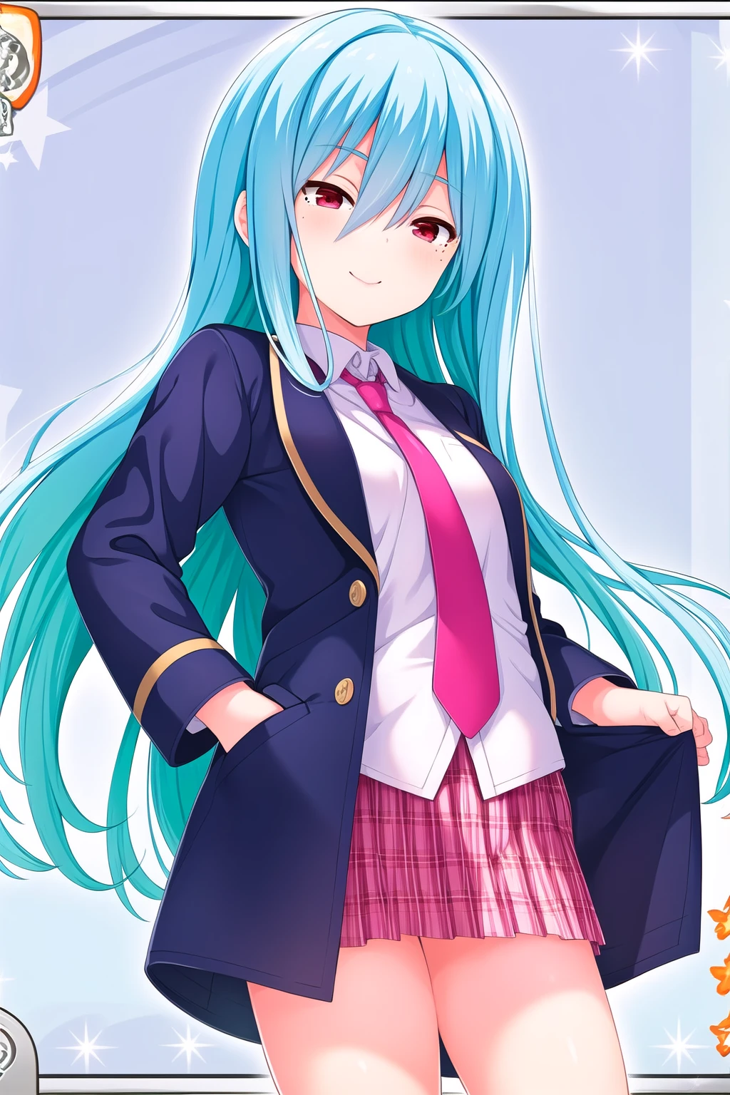 (masterpiece, best quality), highly detailed background, perfect lightingbest quality, <lora:Kayashima-Otome:0.9>, 1girl, solo, blue hair, hair between eyes, very long hair, red eyes, mole under eye, blue jacket, open jacket, red necktie, white shirt, red skirt, plaid skirt, school uniform, smile, closed mouth, pink lips.