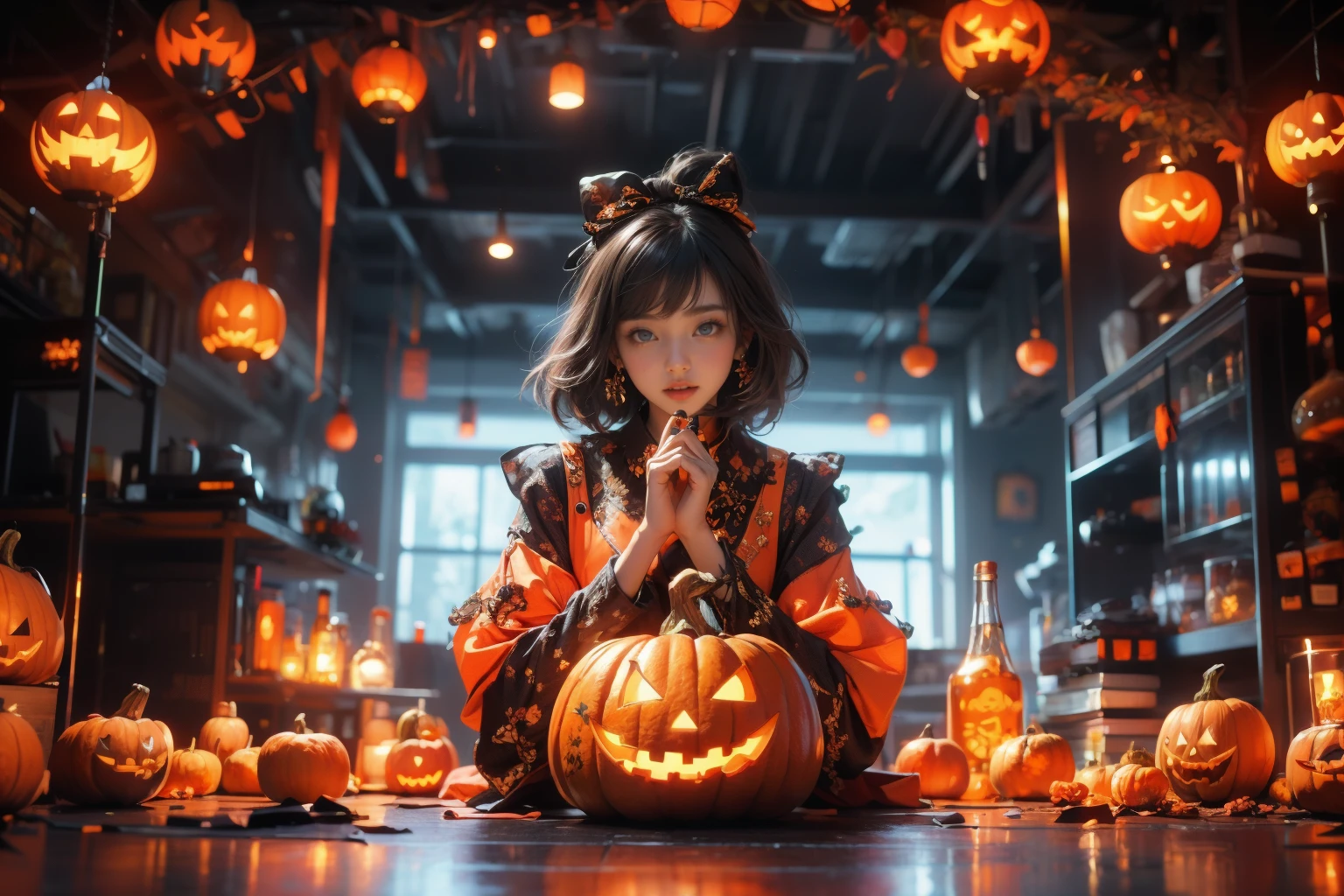 Best quality,masterpiece,ultra high res,1girl,dress,looking at viewer,jack-o'-lantern,long sleeves,white dress,food,candy,pumpkin,ghost,bangs,solo,puffy sleeves,blue eyes,black bow,white hair,bow,halloween,lantern,short hair,jewelry,bug,juliet sleeves,lollipop,blush,closed mouth,hair bow,