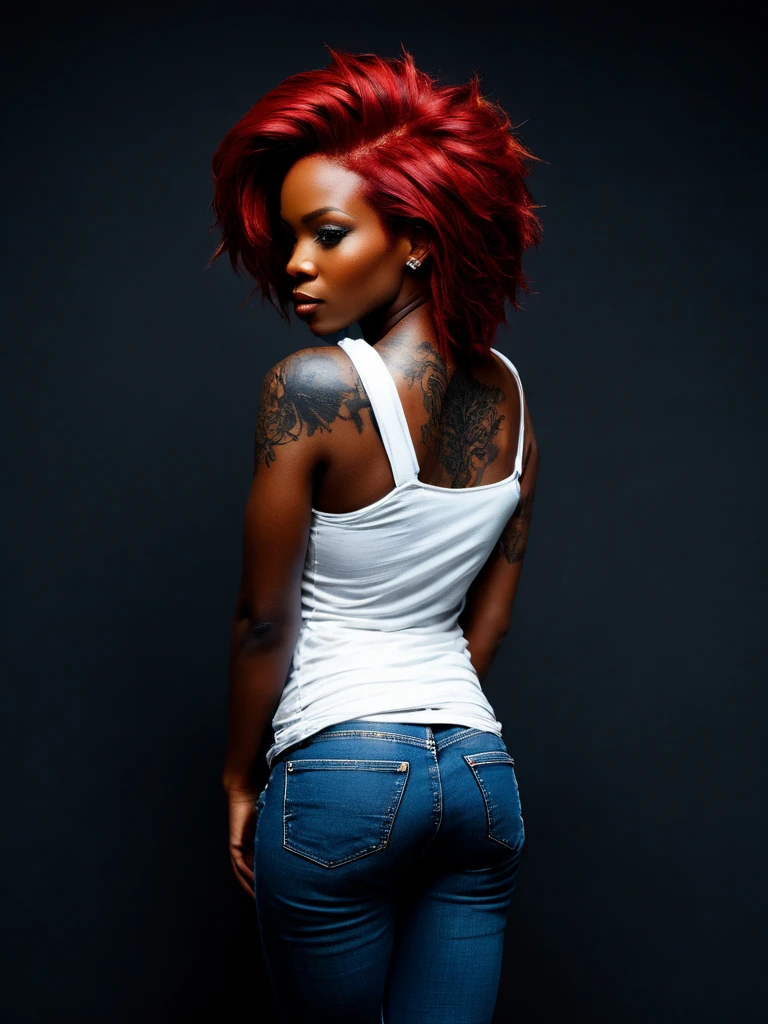 photo of an ebony woman with red hair, (black tattoo on the top of the shoulder:1.1), (wearing ragged blue jeans:1.1), (white top:1.2), turning her back to the viewer looking over her shoulder, dark smoky background, 5GPstyle <lora:Stefan_Gesell_style_m:0.9>