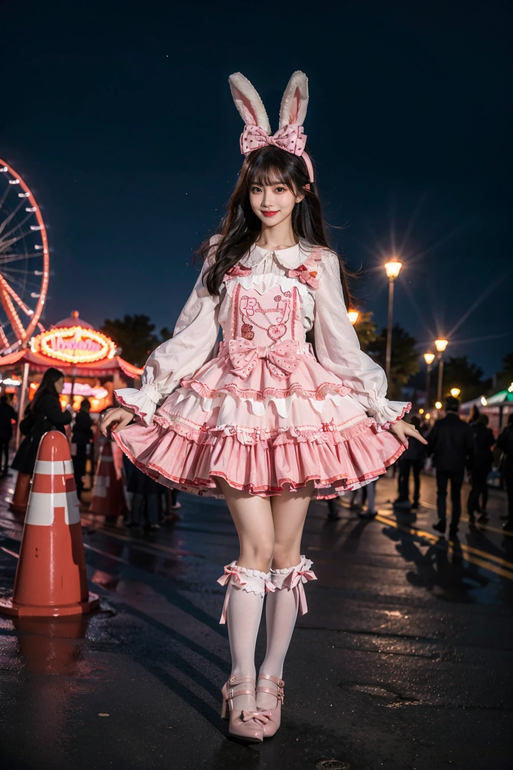 best quality, masterpiece, photorealistic, 1girl, solo, full body, black hair, straight hair, blunt bangs, looking at viewer, smile, cyb dress, frilled dress, layered dress, long sleeves, rabbit ears, hair bow, white thighhighs, pink high heels, amusement park, night, night sky, people, dramatic lighting, colorful, <lora:sweet_attire_style2_v1:0.7>