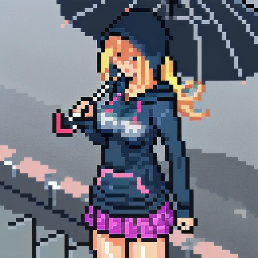 pixel art, 1girl, upper body, umbrella, wet clothes, t-shirt, hoodie, skirt, street