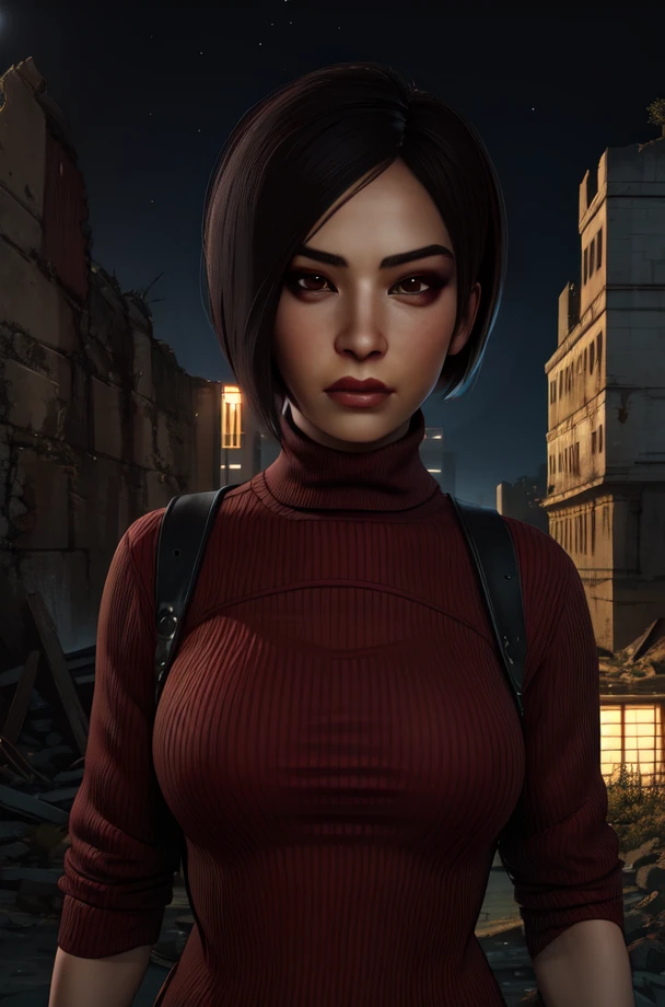 Ada,  black hair, brown eyes,  short hair, 
red sweater,  
standing, 
night,  outdoors,  ruins,  
(insanely detailed, beautiful detailed face, masterpiece, best quality),
 <lora:AdaWong:1>