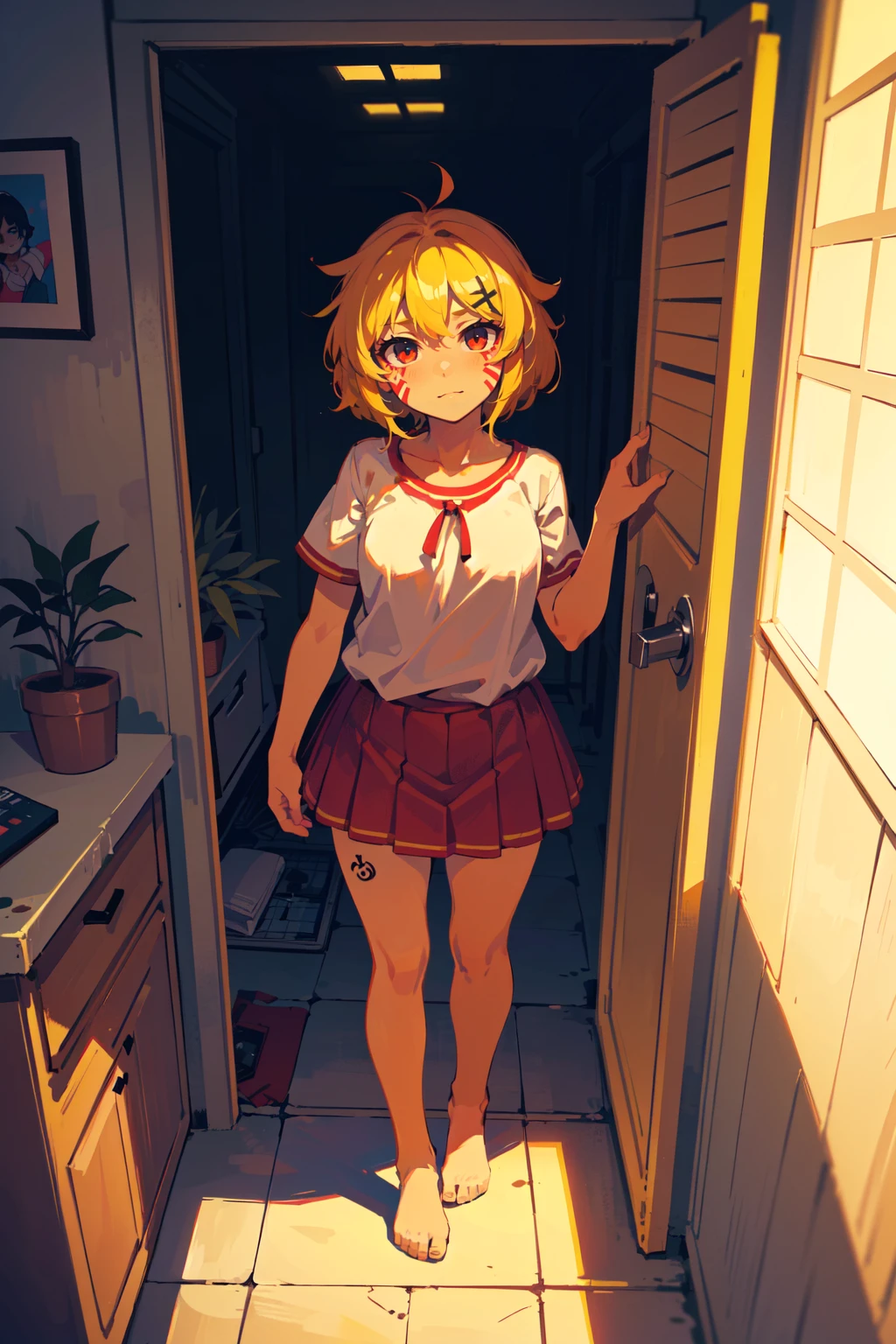 (best quality, masterpiece), <lora:Better light:0.5>,  full body,  looking at viewer, staring, (facing up:1.2), looking down, (1girl), desired face, yellow hair, absurdly short hair, messy hair,        Amazon tribe girl, (Painting half of upper face with red pain), covers chest with multiple long neck bids, yanomami woman. skirts made from plants, red face paint, face tatoo, (colorful african garage, indoors, dust, white particles),