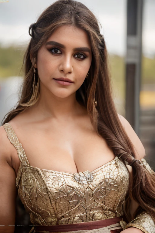 (photo of a gorgeous woman), (professional photography), (scenic background), ((wearing viking girl clothes)), (close-up portrait), ((viking hair)), masterpiece, best quality, (eye contact), (looking at the viewer), centred, (shot from front), blurred_background, proportional, <lora:Nabha_Natesh-10:0.85>