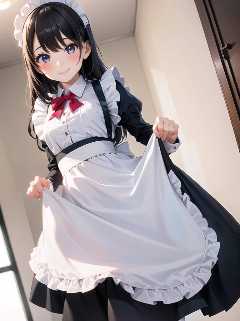 a girl, upper body, maid costume, skirt lift by myself, smile
