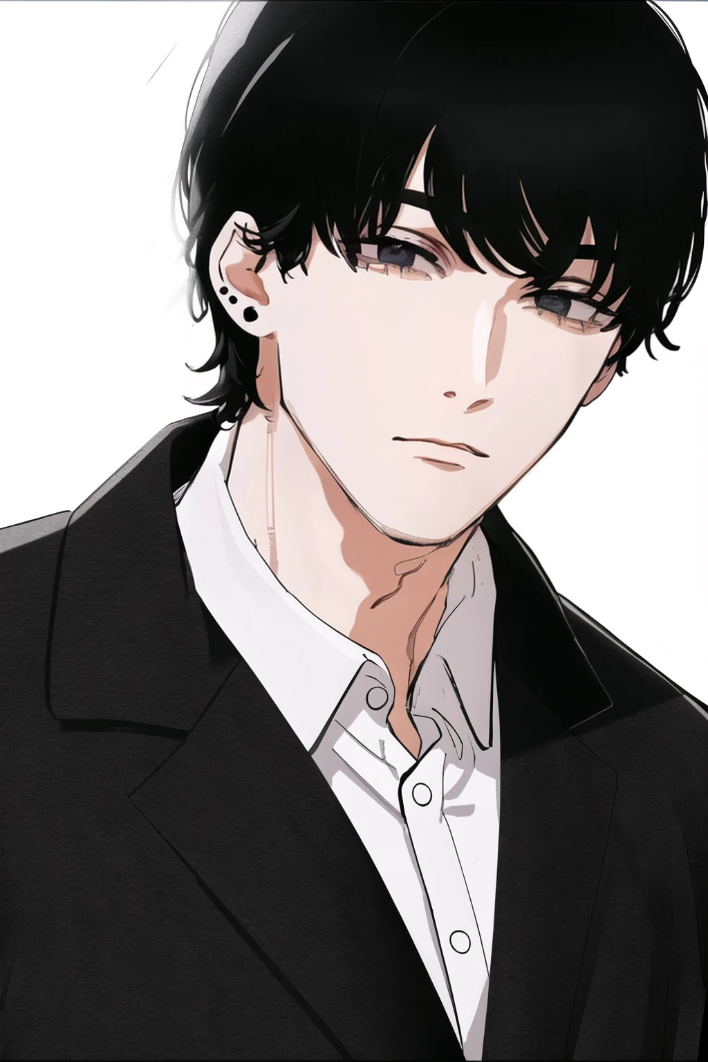 handsome young man, bangs, black hair, dark eyes, wearing black suit, eyeliner, standing, looking at viewer, close up, short hair, ear piercing, danfeng eyes, (solo), <lora:FujimotoStyle:0.85>