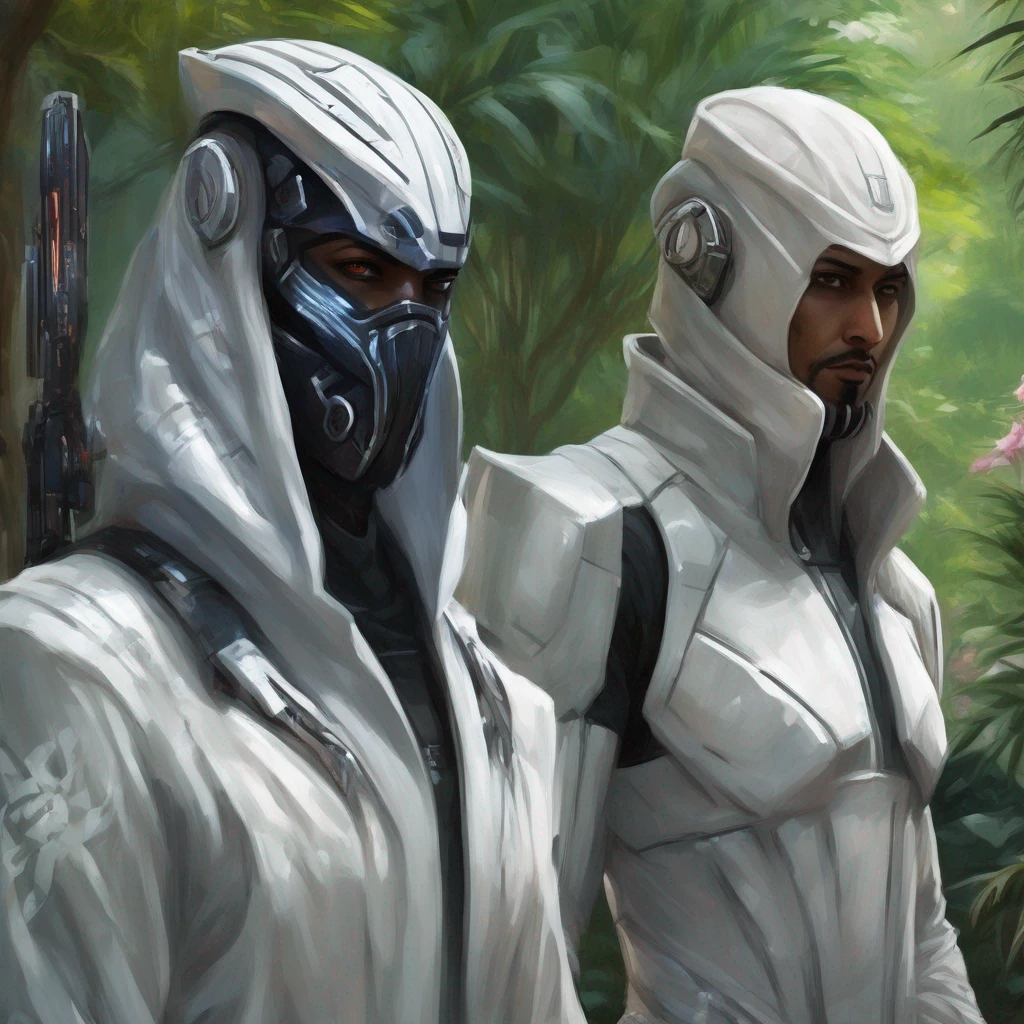 Clair-obscur, digital painting, oil painting, landscape, ((very detailed portrait)), (upper body) portrait of two heavily armored "mass effect" (("skyrim")) ((fremen)) sultan ninja iman sheikh soldiers wearing (futuristic) (cyberpunk) white cyber-onesie and white saudi Gutra headdress, walking around in gorgeous french japanese jungle garden park oasis with purple and pink alien plants, in spacepunk atompunk cyberpunk dubai "abu dabi" coruscant with lots of LCD screens and neon, retrofuturistic white luxury hypercars with arab decoration and white armoured military desert buggies with arab decoration, in the style of arcane and fernanda suarez pascal blanche and Hermann Stenner and simon stalenhag and Gustavé Doré and alex grey and alphonse mucha and nekro and josan gonzalez and dishonored and bioshock and simon stalenhag and rembrandt and Roger Ballen and Yousuf Karsh and HR Giger and Dariusz Zawadzki and John Jude Palencar and David Cronenberg and Liam Wong and Zdzislaw Beksinski and Luis Buñuel and Takashi Miike and David Lynch and Luis Royo and jakub rozalski and Ilya Kuvshinov and Wlop and Artgerm, trending on artstation, featured on pixiv, dynamic lighting, hyper detailed, octane render, 8k