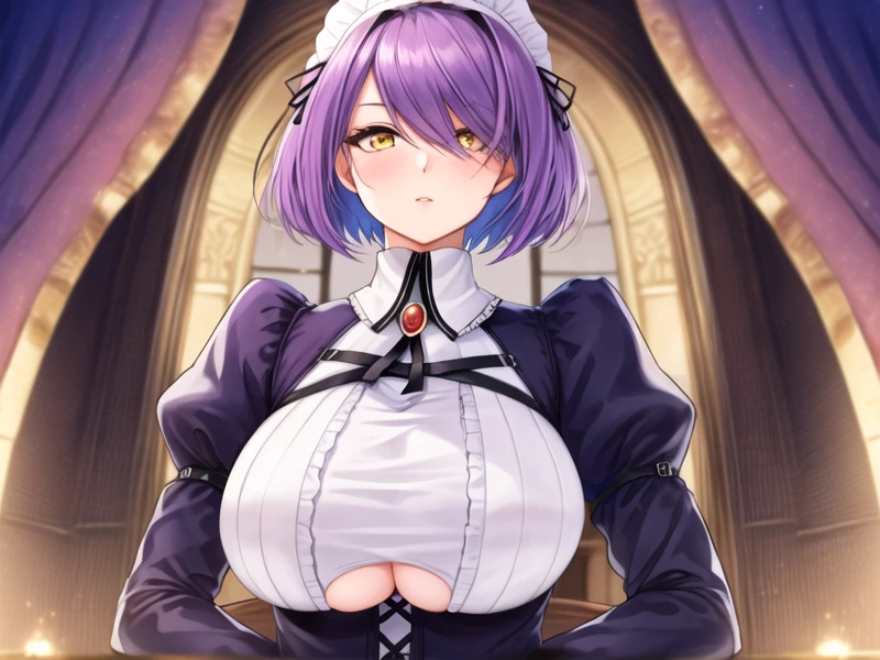 1girl, <lora:Gloucester_v1:0.7>Gloucester,purple hair, short hair,yellow eyes, maid headdress, maid, pantyhose,, <lora:flatBG:-0.5> ,<lora:flat2:-0.5>,(dark light:1.2),(hyper extreme detailed),(masterpeace:0.5),(hyper extreme),(photorealistic),game cg,llustration,novel illustration,beautiful lighting,light from the front,good_hands,beautiful art ,BREAK, <lyco:GoodHands-beta2:1.2>,(good hand,nice hands, perfect hands:1.3),(five finger:1.4),straight fingers,perfect fingers,beauty fingers,beauty hand,