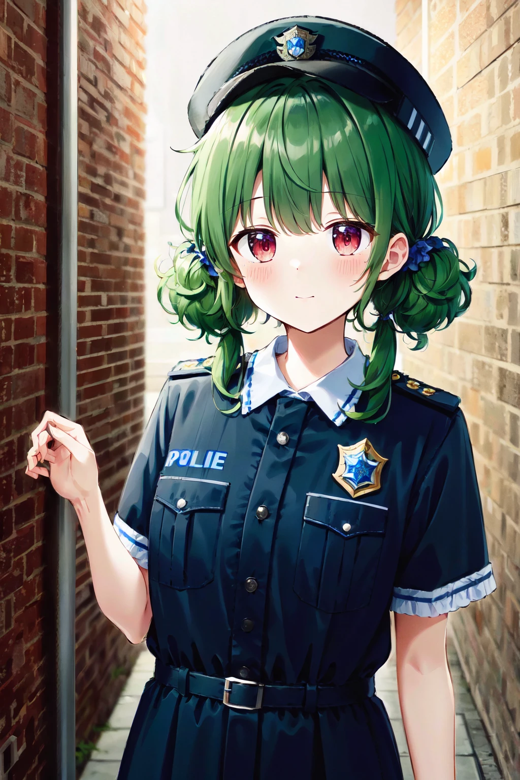 8k, highres, masterpiece, ultra-detailed, (high detail:1.1), 1girl, medium breasts, green hair, curly hair, twintails, short hair, red eyes, (Police Uniform:1.3), police hat, alley, nighttime, <lora:naughty_to_nice_v2.5_000000720:5>