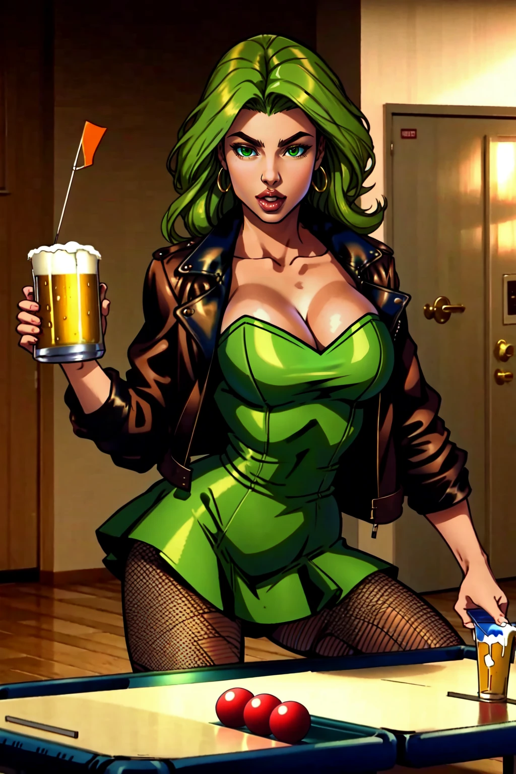, leather jacket, pantyhose, fishnets,  green dress, , college dorm party, beer pong