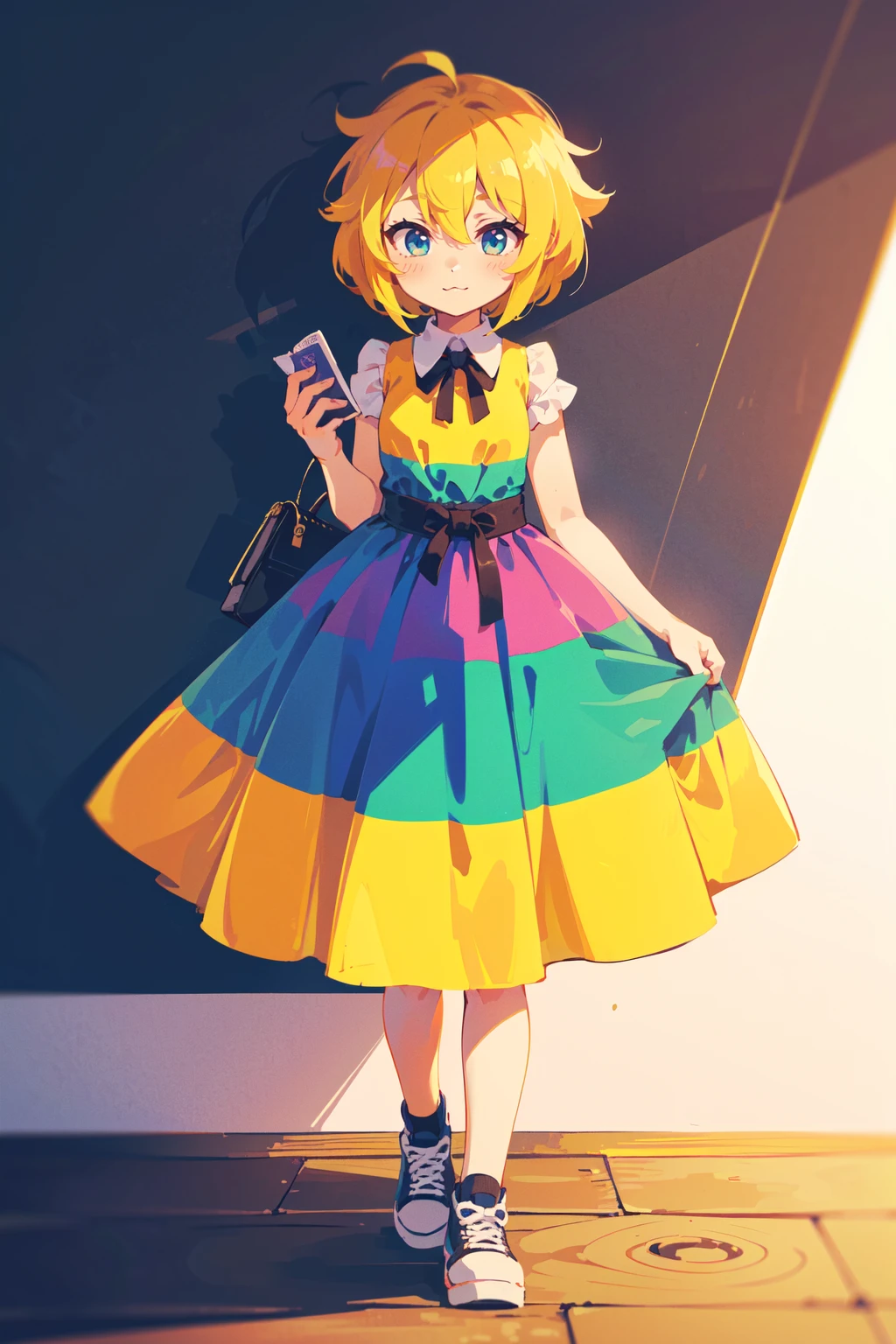 (best quality, masterpiece), <lora:Better light:0.5>,  close up,    looking down, (1girl), :3, yellow hair, medium hair, hair between eyes, pixie cut,       converse shoes, young fasion, modern fasion, (short rainbow dress), wallet,