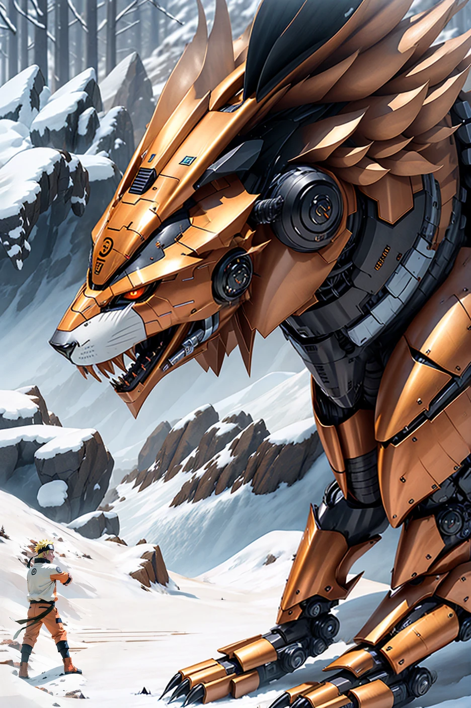 <lora:Animal_mecha-10:0.5>animal mecha, , realistic, , (metalic surface), full body <lora:kurama:0.8> kurama, , snow forest, snow mountain, from side, standing, looking down, paws on floor, sharp claws <lora:Naruto:0.3> uzumaki naruto, (((konoha sign)))
