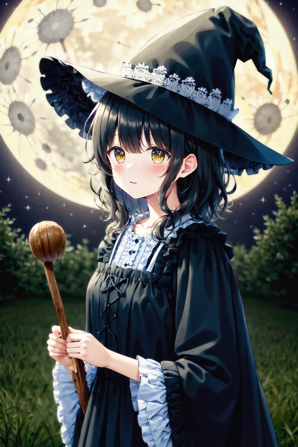 8k, highres, masterpiece, ultra-detailed, (high detail:1.1), 1girl, large breasts, black hair, medium hair, blunt bangs, yellow eyes, upper body, woods, night, full moon, (witch costume:1.25), witch hat, <lora:naughty_to_nice_v2.5_000000720:5>