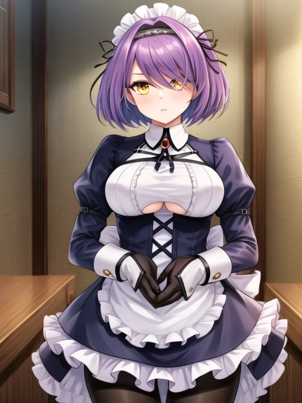 1girl, <lora:Gloucester_v1:0.7>Gloucester,purple hair, short hair,yellow eyes, maid headdress, maid, pantyhose,, <lora:flatBG:-0.5> ,<lora:flat2:-0.5>,(dark light:1.2),(hyper extreme detailed),(masterpeace:0.5),(hyper extreme),(photorealistic),game cg,llustration,novel illustration,beautiful lighting,light from the front,good_hands,beautiful art ,BREAK, <lyco:GoodHands-beta2:1.2>,(good hand,nice hands, perfect hands:1.3),(five finger:1.4),straight fingers,perfect fingers,beauty fingers,beauty  hand,