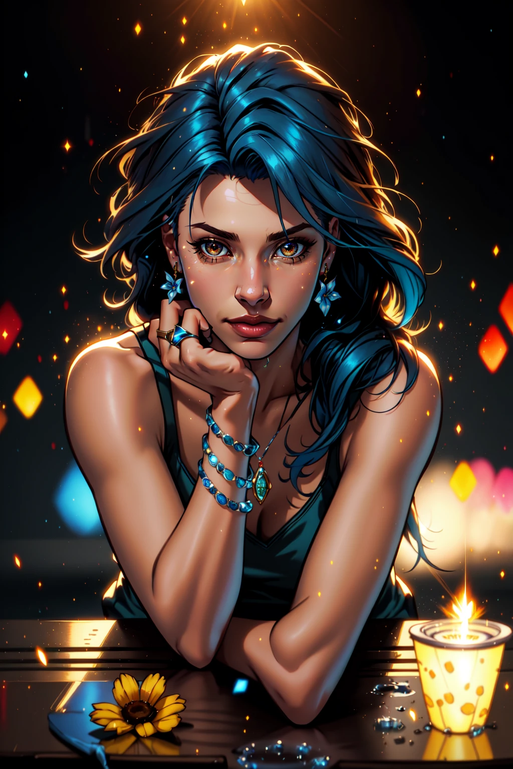long hair, looking at viewer, 1boy, male focus, solo, bara, brown eyes, jewelry, blue hair, collarbone, flower, earrings, water, ring, LimitBreakStyler