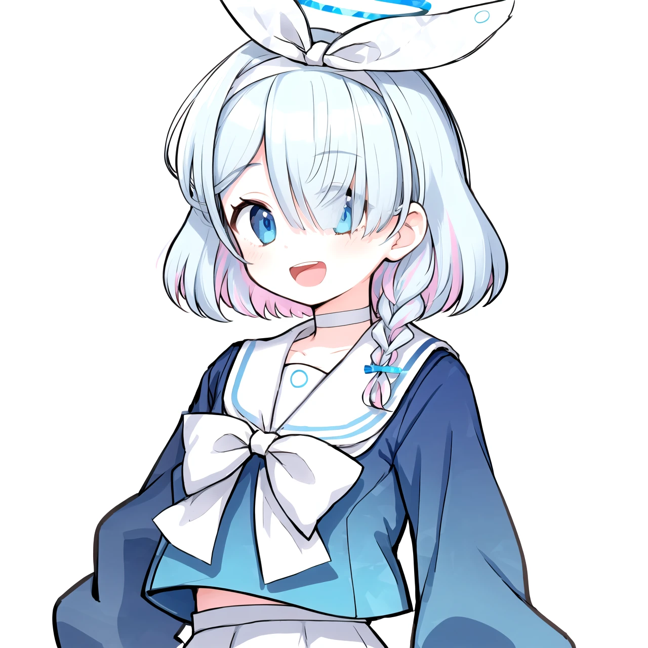 arona, 1girl, white hairband, bow hairband, halo, short hair, single braid, (midriff peek:0.675),
school uniform, blue shirt, white sailor collar, long sleeves, white bowtie, white choker, white skirt
light smile, open mouth
upper body, (simple background, white background:1.4), <lora:chara-arona-v1:1>