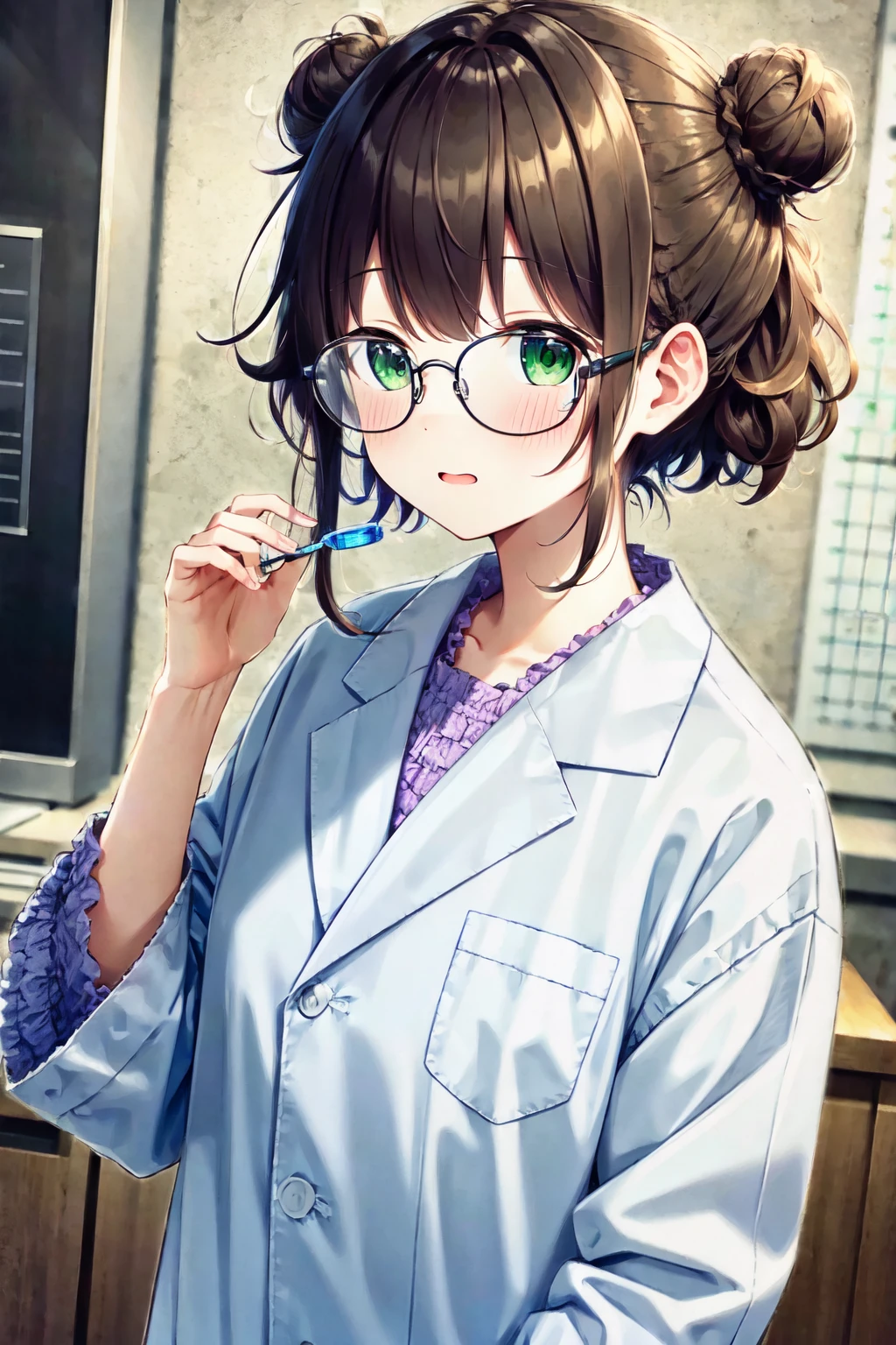 8k, highres, masterpiece, ultra-detailed, (high detail:1.1), 1girl, (small breasts:1.2), brown hair, hair bun, green eyes, upper body, laboratory, (lab coat:1.3), scientist, glasses, <lora:naughty_to_nice_v2.5_000000720:5>