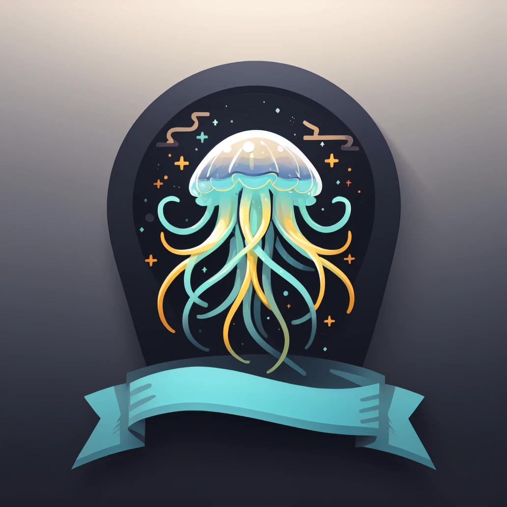 (masterpiece, best quality:1.1), (ribbon logo:1.4), jellyfish, bubble, tentacles, flat color, gradient background