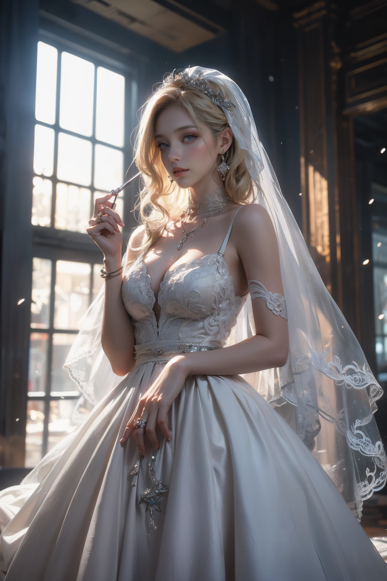 Best quality,masterpiece,ultra high res,1girl,gun,dress,blonde hair,veil,solo,jewelry,blood,necklace,blue eyes,blood on clothes,snow,bridal veil,wedding dress,tree,building,(covered in on artstation,FAN ART,colourful,beautiful,artstation,film mood,dramaticoppressive lighting,shadows,cinematic atmosphere,sharp focus,worksafe,