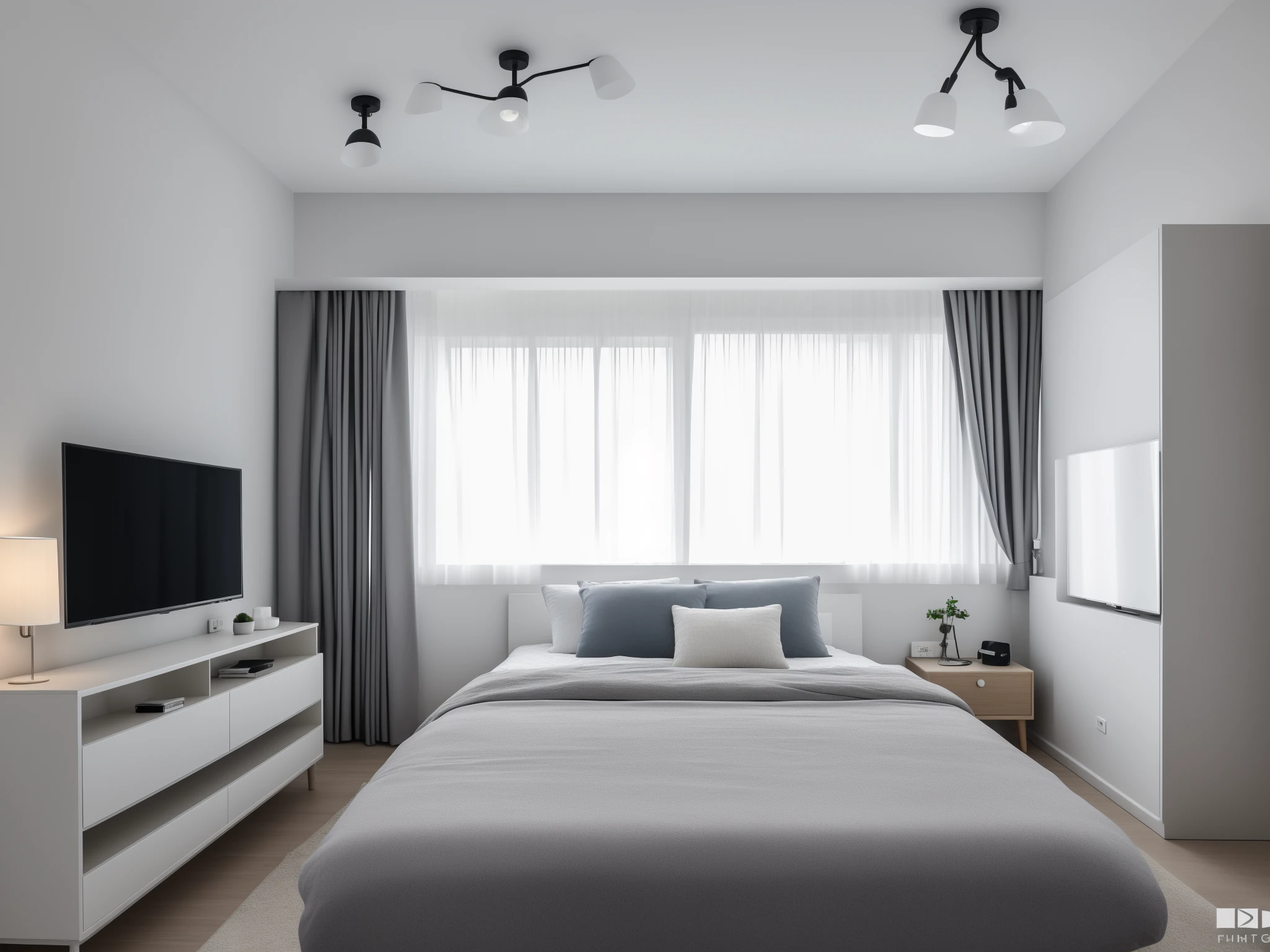 <lora:JJsNordic_Lora:.7> ,nordic, RAW photo,Masterpiece, high quality, best quality, authentic, ,windows ,curtains, television ,dslr, soft lighting, high quality, film grain, Fujifilm XT3  ,ceiling light,bed room, bed, pillow,lamp,mirror,chair,