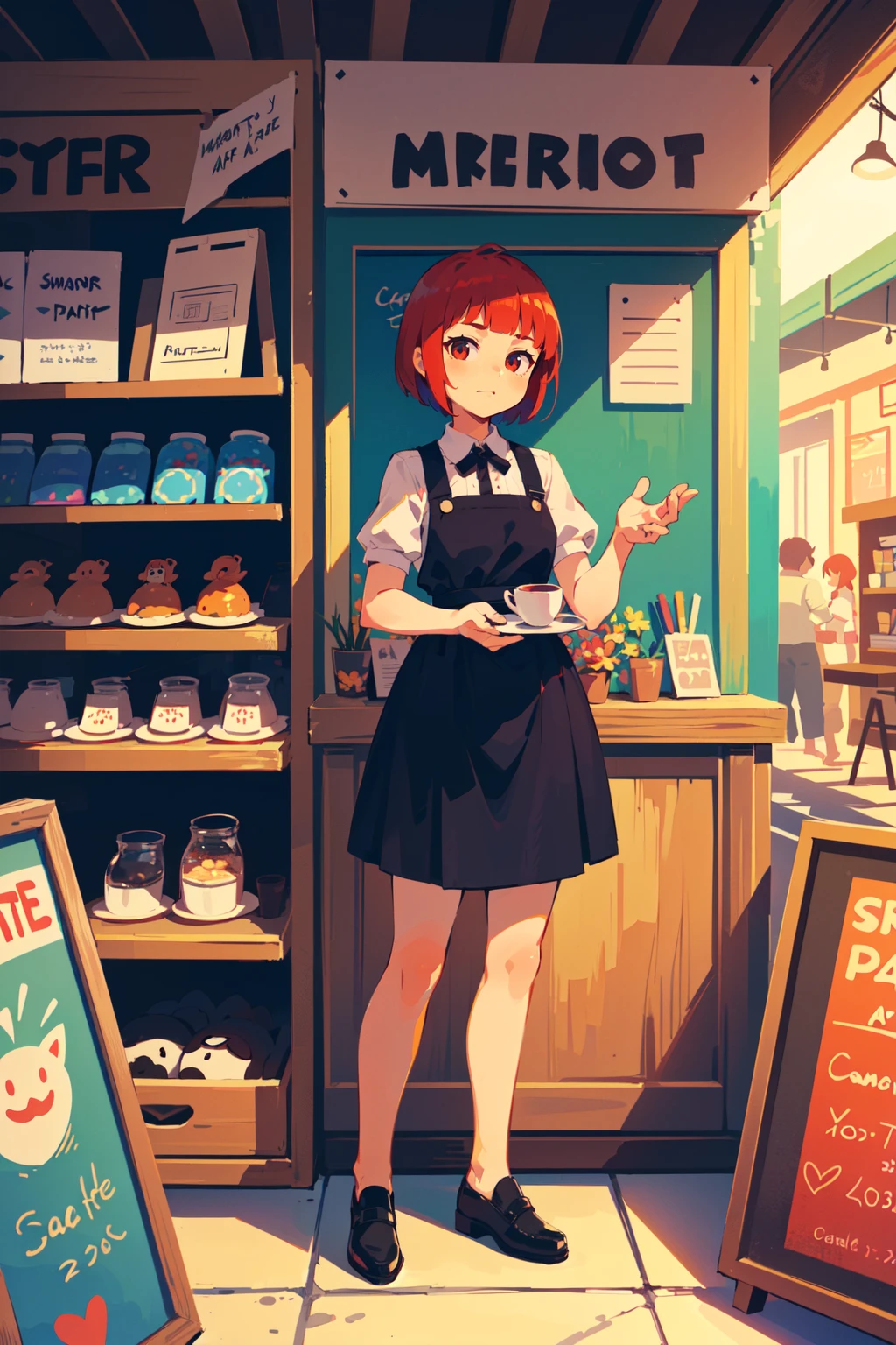 (best quality, masterpiece), full body, (1girl), irritating face, red hair, very short hair, blunt bangs, (at a cafe), (selling toys at a flea market, a small booth filled with various colorful toys, customers browsing and admiring toys),