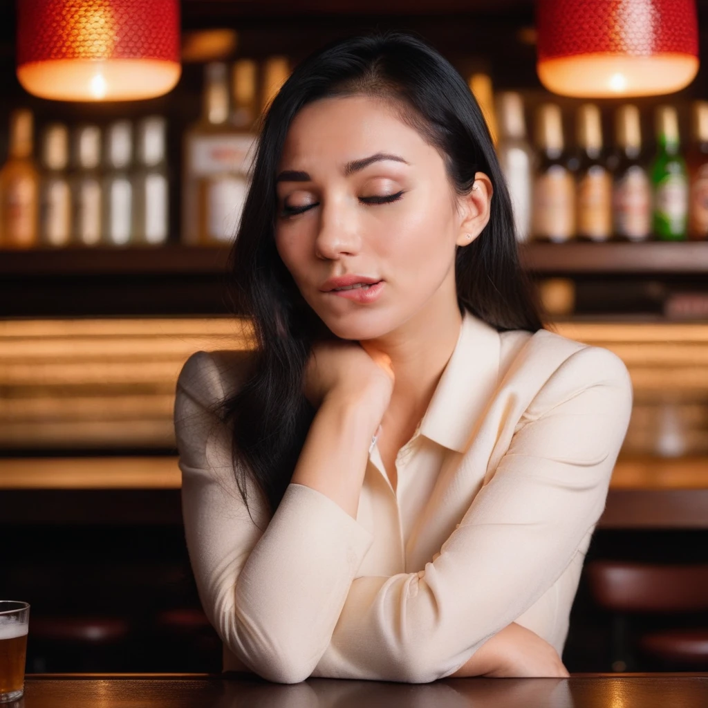 a photo of an asian woman in a bar, lipbite, eyes closed <lora:lipbitev3_SDXL:1>