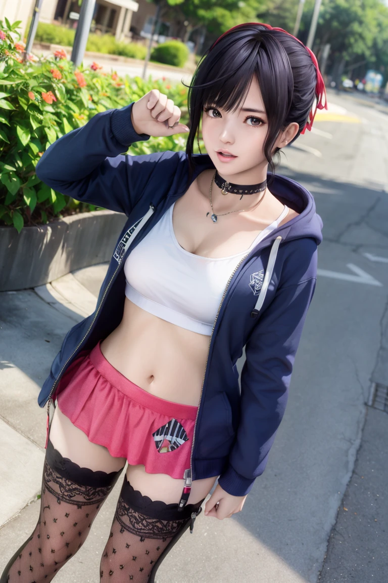 <lora:doa_nagisa:0.7> nagisa, 1girl, hoodie, skirt, thighhighs, college campus
