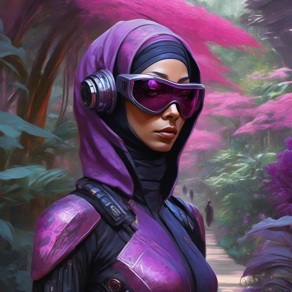 Clair-obscur, digital painting, oil painting, landscape, ((very detailed portrait)), (upper body) portrait of female ninja "mass effect" fremen wearing luxurious silk and lace hijab and futuristic cyborg "augmented reality glasses", walking around in gorgeous french japanese jungle garden park oasis with purple and pink alien plants, in spacepunk atompunk cyberpunk dubai "abu dabi" coruscant with lots of LCD screens and neon, retrofuturistic white luxury hypercars with arab decoration and white armoured military desert buggies with arab decoration, in the style of arcane and fernanda suarez pascal blanche and Hermann Stenner and simon stalenhag and Gustavé Doré and alex grey and alphonse mucha and nekro and josan gonzalez and dishonored and bioshock and simon stalenhag and rembrandt and Roger Ballen and Yousuf Karsh and HR Giger and Dariusz Zawadzki and John Jude Palencar and David Cronenberg and Liam Wong and Zdzislaw Beksinski and Luis Buñuel and Takashi Miike and David Lynch and Luis Royo and jakub rozalski and Ilya Kuvshinov and Wlop and Artgerm, trending on artstation, featured on pixiv, dynamic lighting, hyper detailed, octane render, 8k