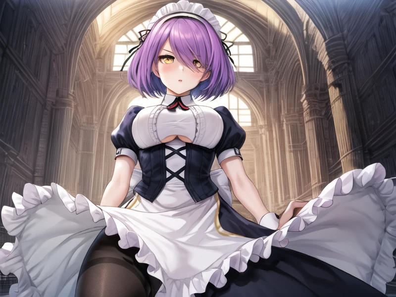 1girl, <lora:Gloucester_v1:0.7>Gloucester,purple hair, short hair,yellow eyes, maid headdress, maid, pantyhose,, <lora:flatBG:-0.5> ,<lora:flat2:-0.5>,(dark light:1.2),(hyper extreme detailed),(masterpeace:0.5),(hyper extreme),(photorealistic),game cg,llustration,novel illustration,beautiful lighting,light from the front,good_hands,beautiful art ,BREAK, <lyco:GoodHands-beta2:1.2>,(good hand,nice hands, perfect hands:1.3),(five finger:1.4),straight fingers,perfect fingers,beauty fingers,beauty hand,