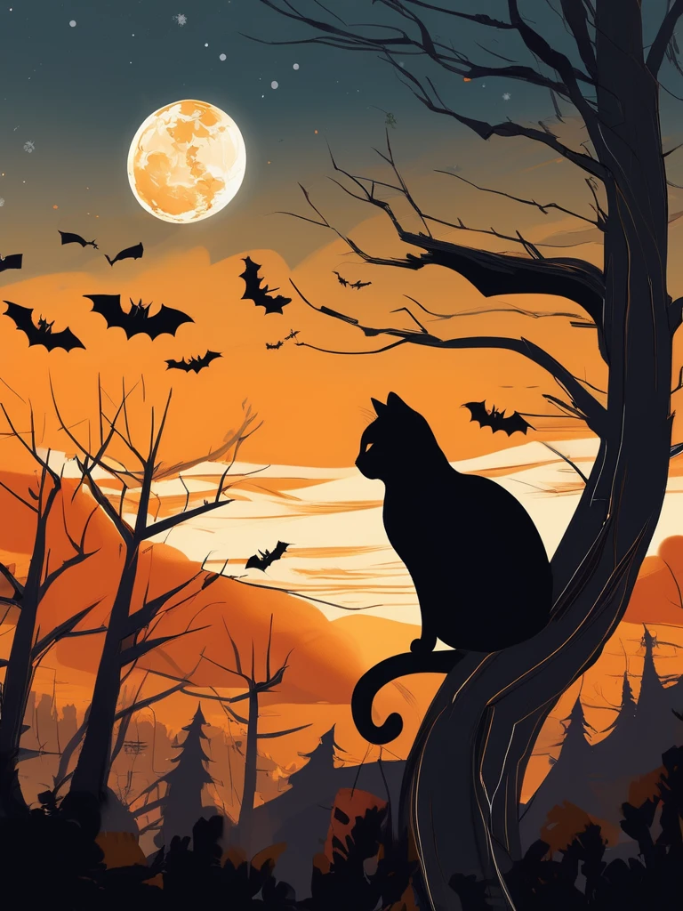 (\wan sheng jie\), no humans, cat, tree, black cat, jack-o'-lantern, pumpkin, halloween, forest, bare tree, nature, outdoors, looking at viewer, moon, animal focus, animal, sun, signature, whiskers, solo, glowing, standing