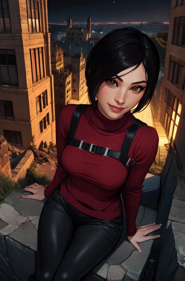 Ada,  black hair, brown eyes,  short hair, 
red sweater,  black pants, 
sitting,  smile,  from above, 
night,  outdoors,  ruins,  
(insanely detailed, beautiful detailed face, masterpiece, best quality),
 <lora:AdaWong:0.8>