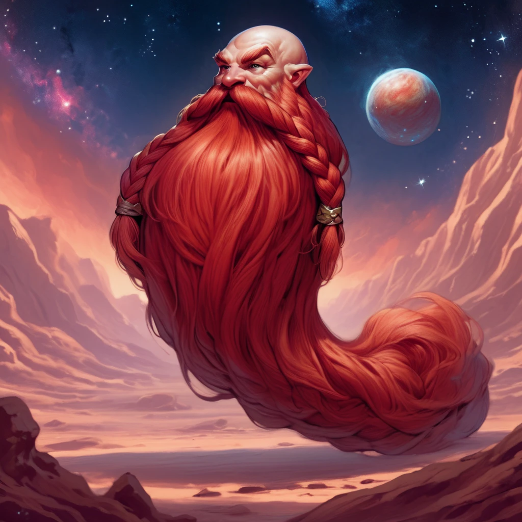 Harry_Dwarf, D&D illustration style, full body shot, dwarf-like character, flowing, long red beard, braided moustache,bald , <lora:Harry_Dwarf:1>, rocky planet background, galaxy in sky