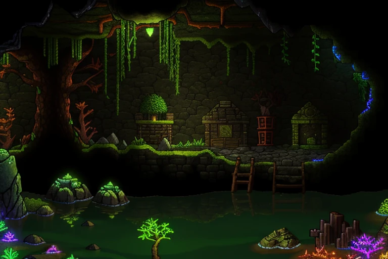 <lora:Terraria Style - V1:0.40>, Terraria_Style, 2D, pixelart, underground, glowing moss biome, glowing green moss, cave, stone blocks, stone walls, water, stone, iron ore, cobwebs, copper ore,, highest quality, highest quality visuals, highest details,