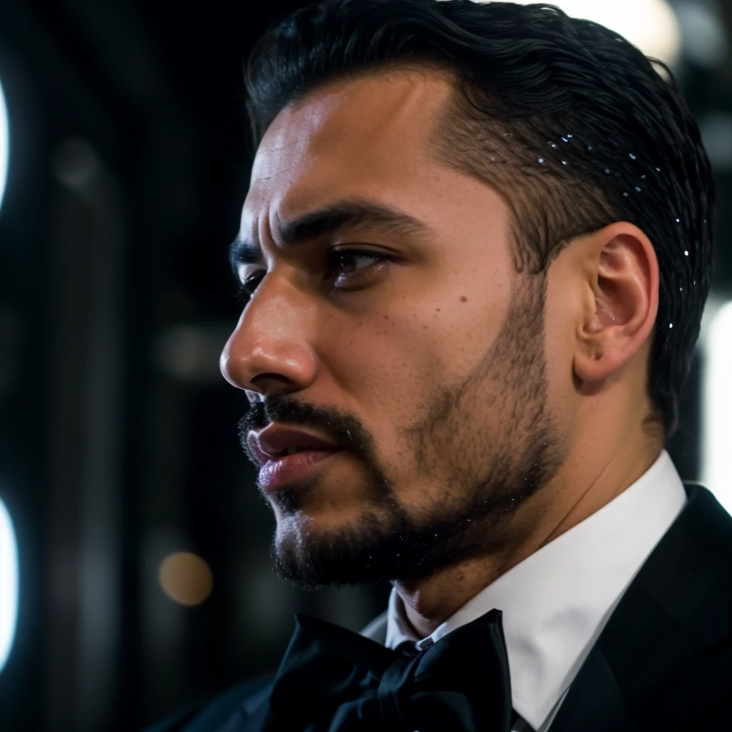 face portrait of mostafarok person using a tuxedo, in blade runner, professional photography, high resolution, 4k, detailed photo,   <lora:mostafarok_31950:1>