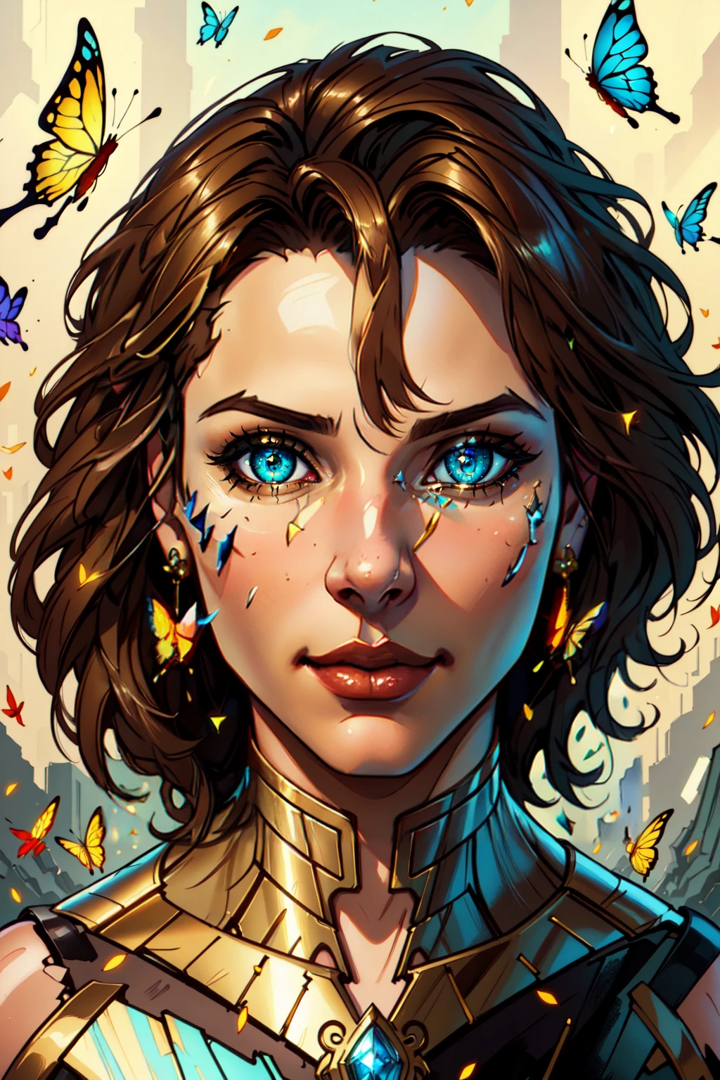 8k portrait of beautiful cyborg with brown hair, intricate, elegant, highly detailed, majestic, digital photography, art by artgerm and ruan jia and greg rutkowski surreal painting gold butterfly filigree, broken glass, (masterpiece, sidelighting, finely detailed beautiful eyes: 1.2), hdr, jim lee, adam hughes