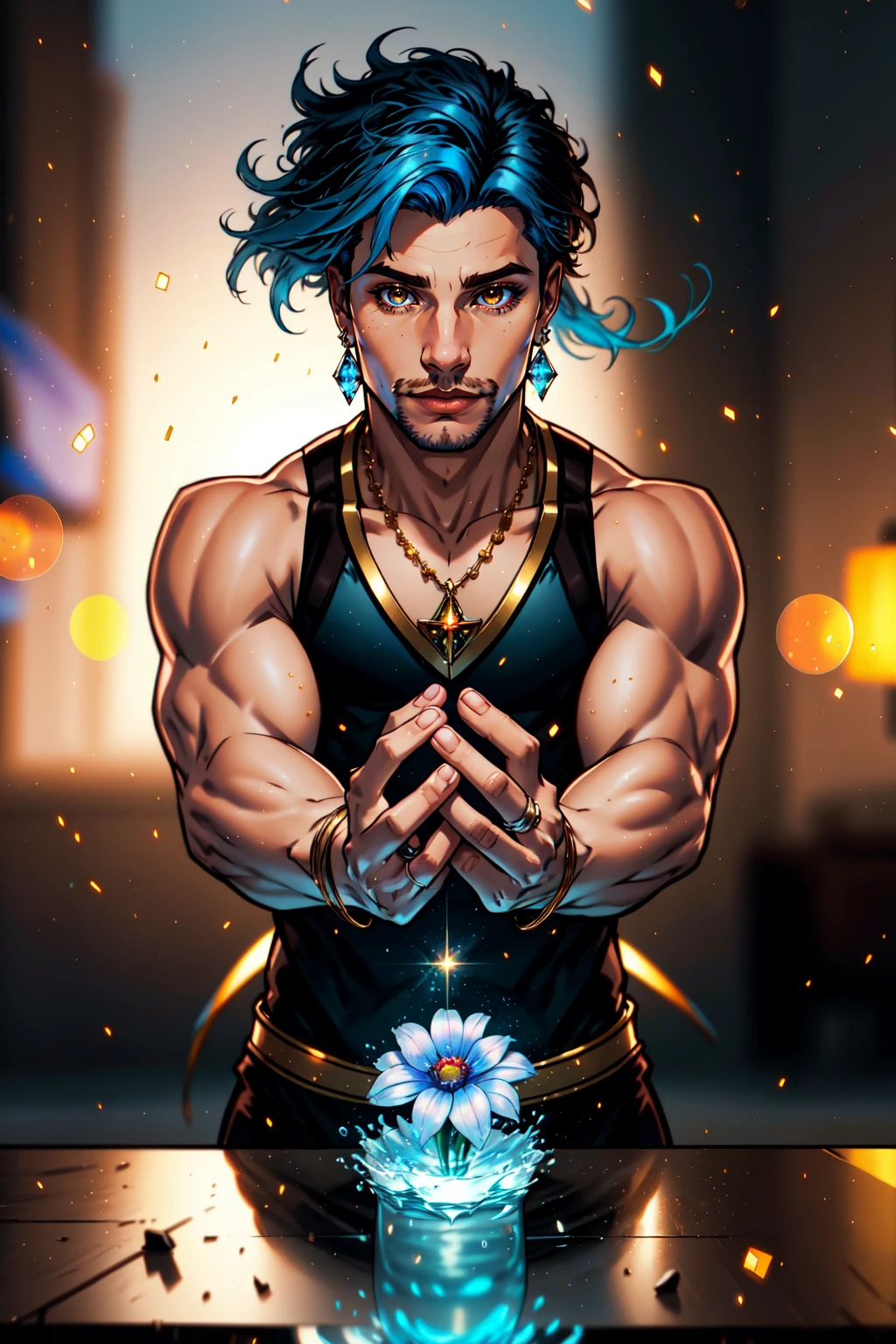 1boy, male focus, masculine, solo, bara, brown eyes, looking at viewer, jewelry, blue hair, flower, earrings, water, ring, LimitBreakStyler