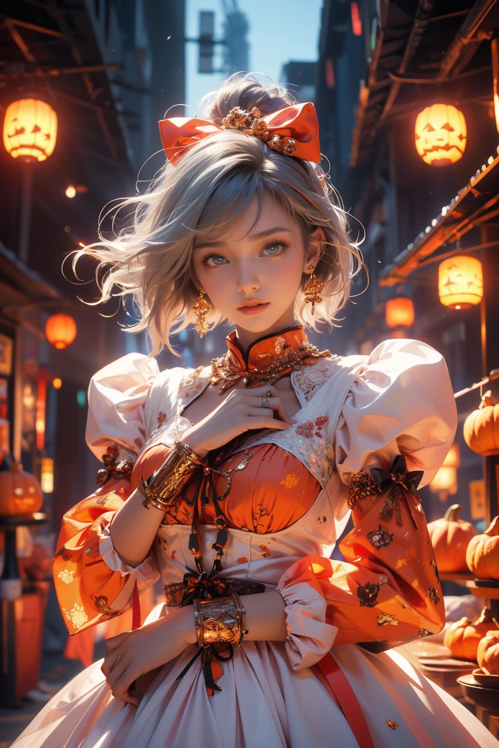 Best quality,masterpiece,ultra high res,1girl,dress,looking at viewer,jack-o'-lantern,long sleeves,white dress,food,candy,pumpkin,ghost,bangs,solo,puffy sleeves,blue eyes,black bow,white hair,bow,halloween,lantern,short hair,jewelry,bug,juliet sleeves,lollipop,blush,closed mouth,hair bow,