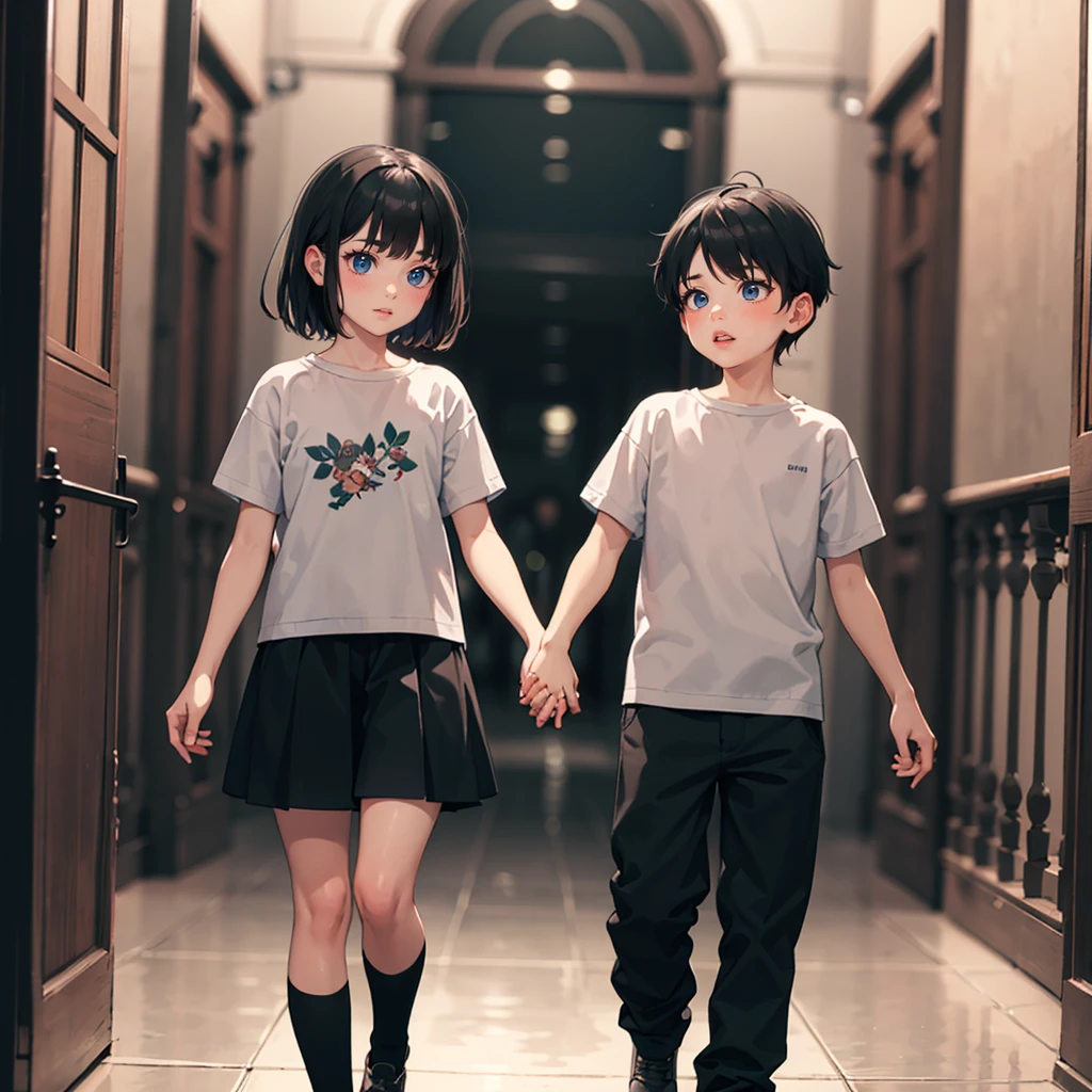 1 little girl,and,1 little boy,
holding_hands,