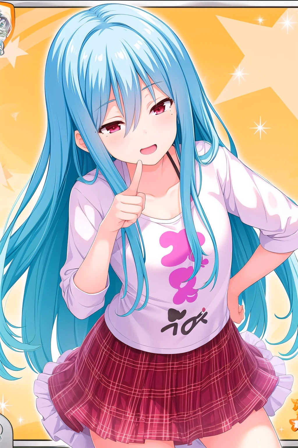 (masterpiece, best quality), highly detailed background, perfect lightingbest quality, <lora:Kayashima-Otome:0.8>, 1girl, solo, blue hair, hair between eyes, very long hair, red eyes, mole under eye, white shirt, red skirt, plaid skirt, school uniform, smile, open mouth, pink lips.